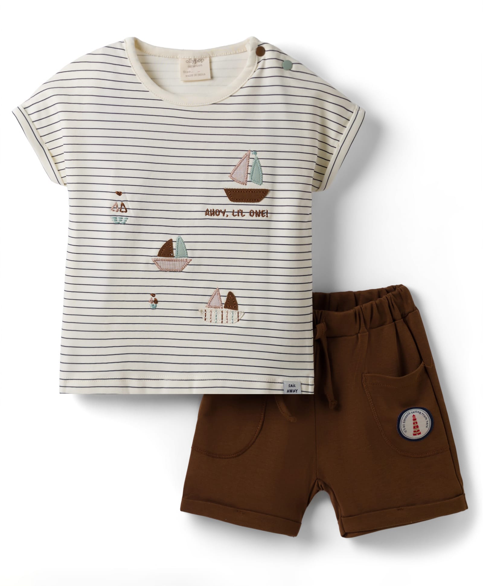 Ollypop Interlock Knit Half Sleeves Striped T-Shirt & Diaper Shorts Set with Boat Patch & Embroidery - Cream & Brown-image-27