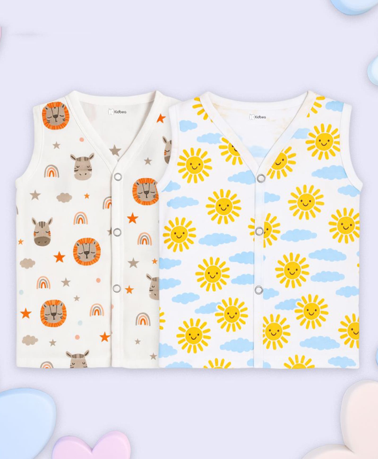 Kidbea Muslin Woven Pack Of 2 Sleeveless Animals & Suns Printed Jhablas - White-image-23