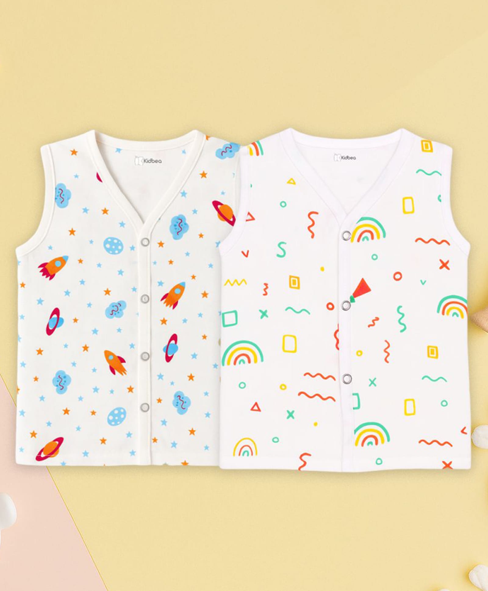 Kidbea Muslin Woven Pack Of 2 Sleeveless Space Theme & Rainbow Printed Jhablas - White-image-47