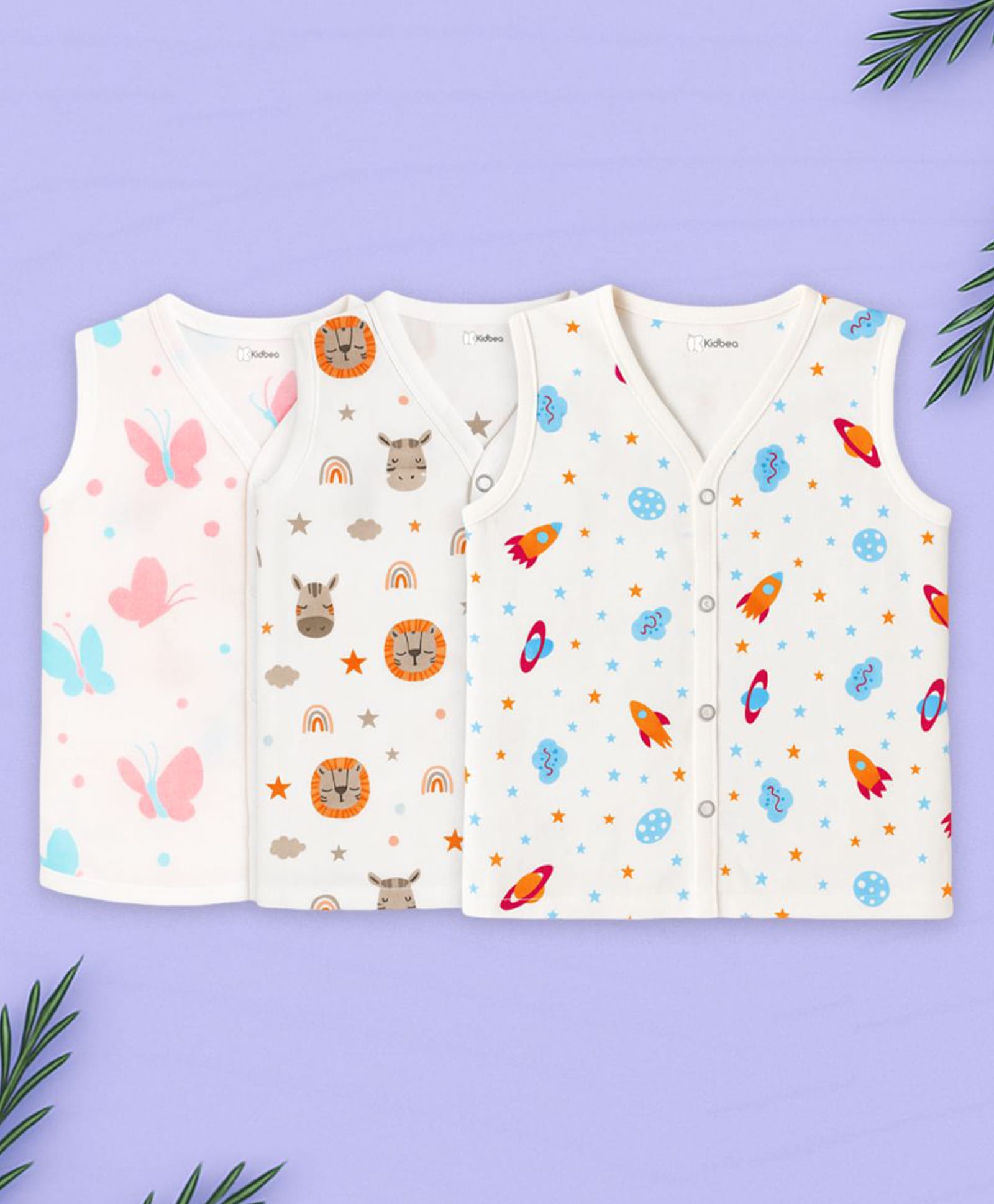 Kidbea Muslin Woven Pack of 3 Sleeveless Butterfly Animals & Rocket Printed Jhablas - White-image-21