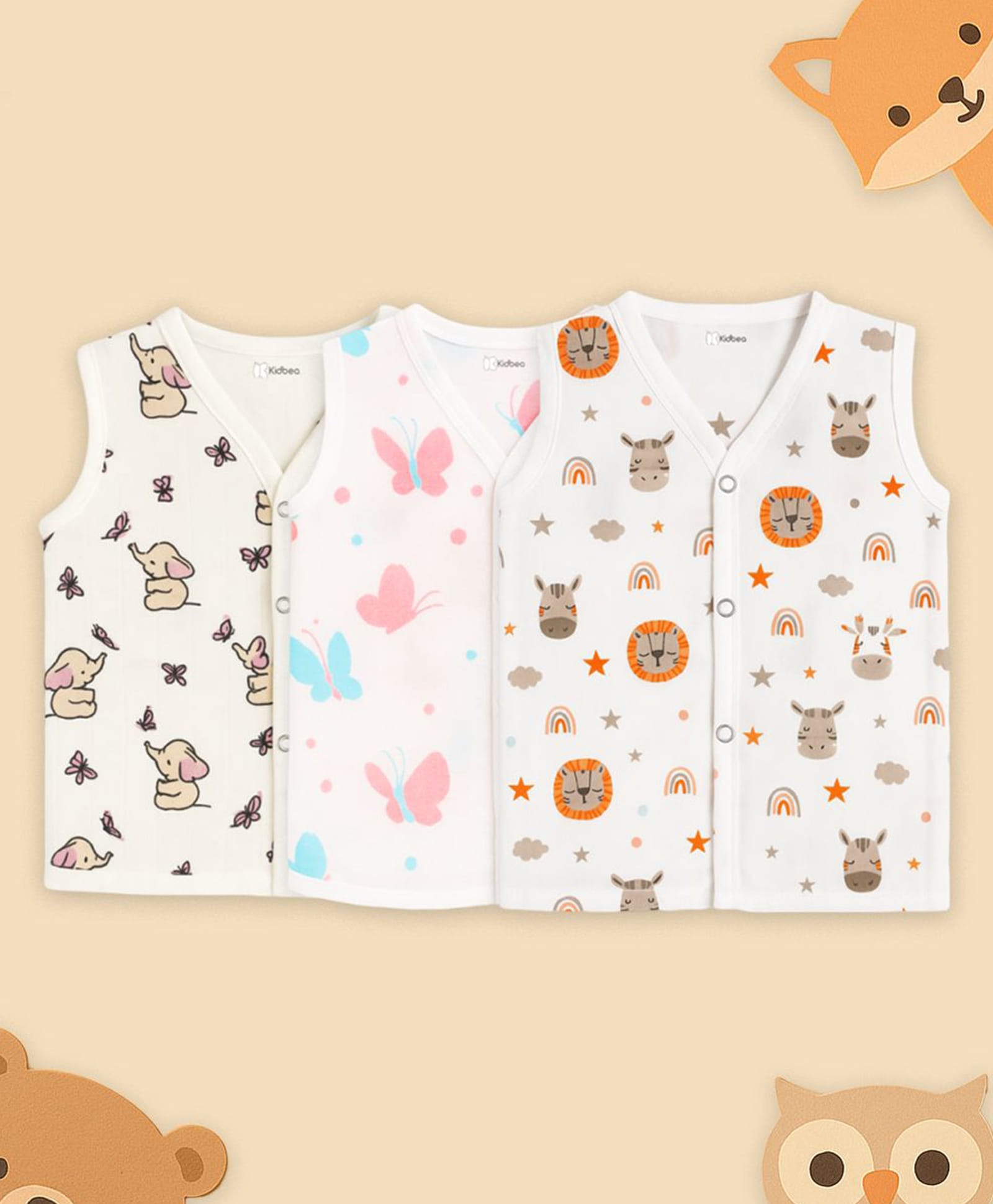 Kidbea Muslin Woven Pack of 3 Sleeveless Animals & Butterfly Printed Jhablas - White-image-32
