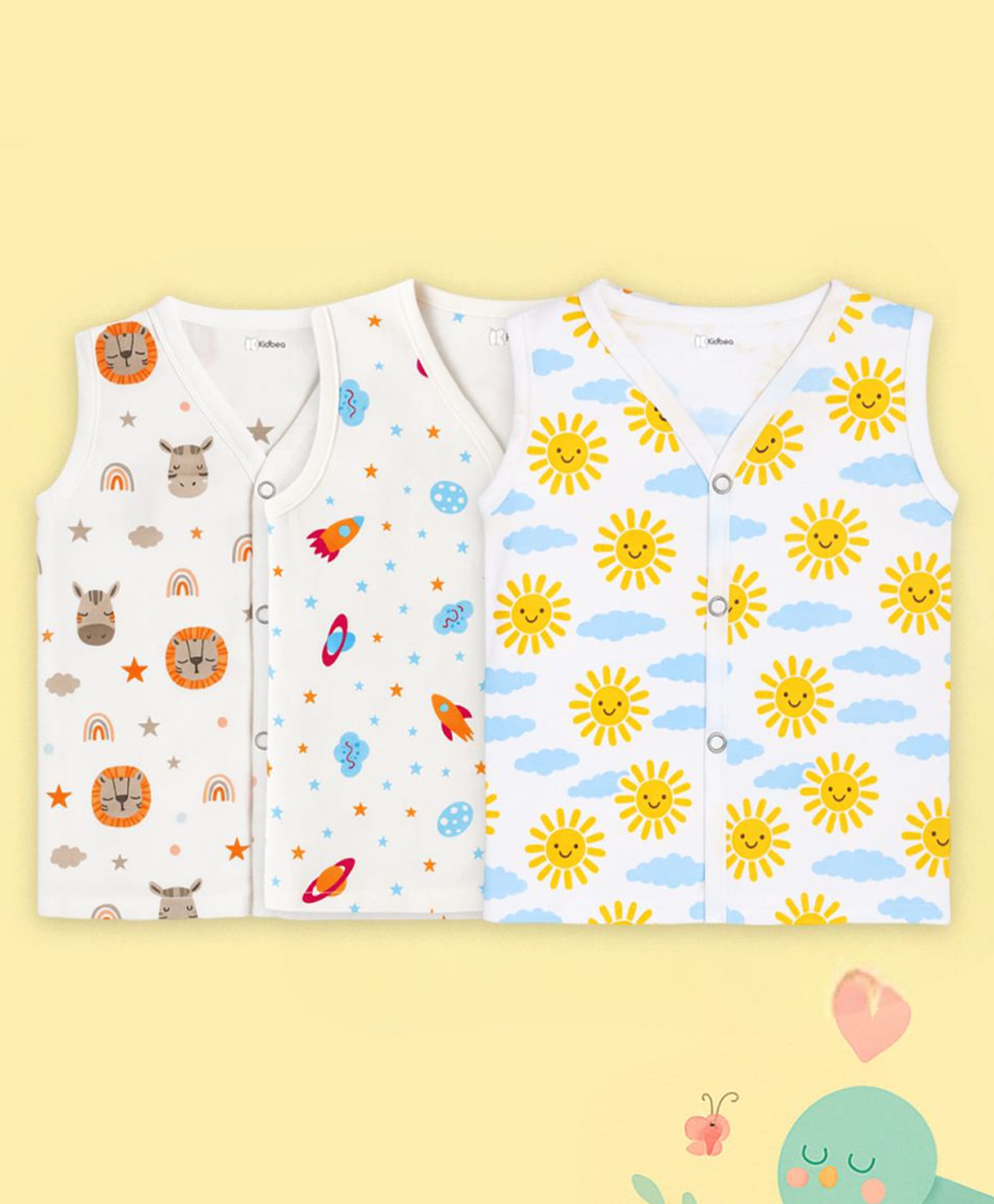 Kidbea Muslin Woven Pack Of 3 Sleeveless Animals Space Theme & Sun Printed Jhablas - White-image-33
