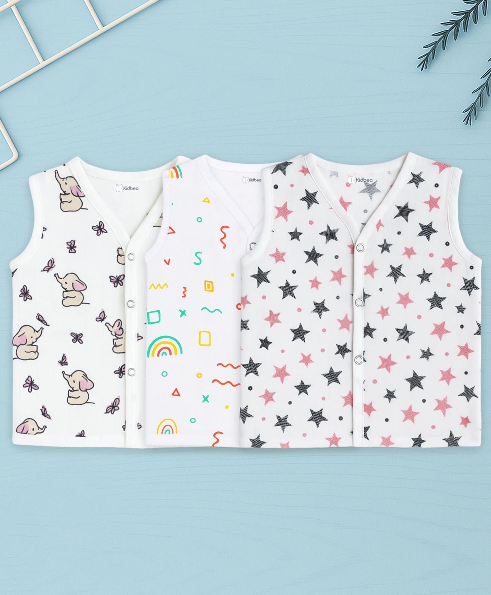 Kidbea Muslin Woven Pack Of 3 Sleeveless Elephant Abstract & Star Printed Jhablas - White-image-41