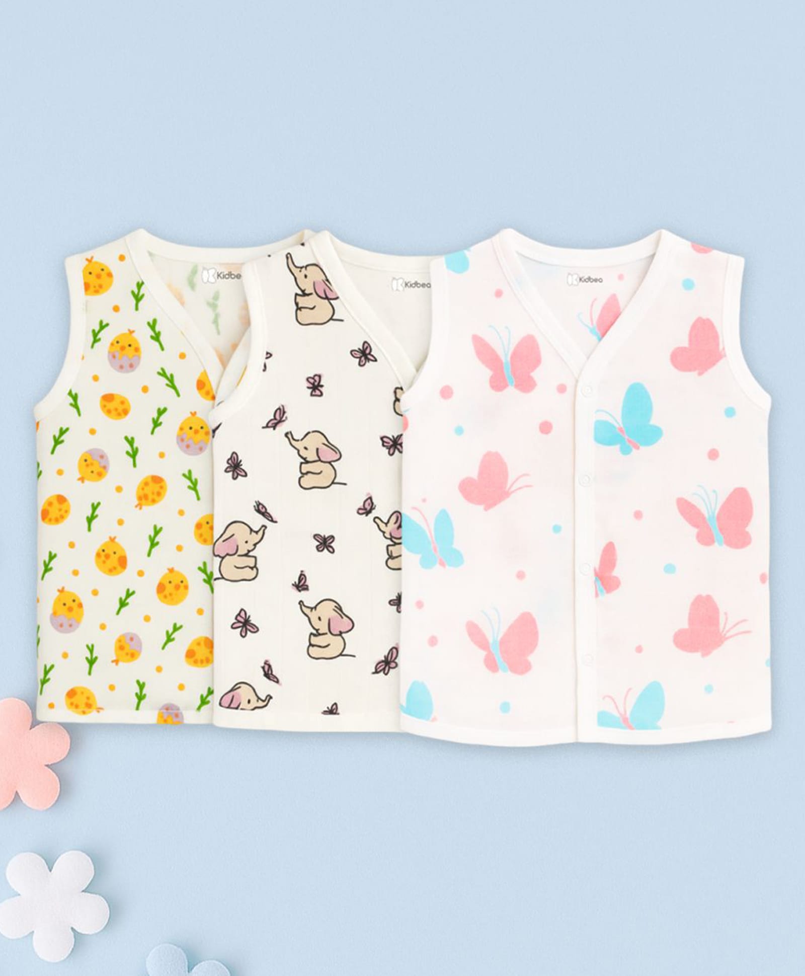 Kidbea Muslin Woven Pack Of 3 Sleeveless Bird Elephant & Butterfly Printed Jhablas - White-picture-11