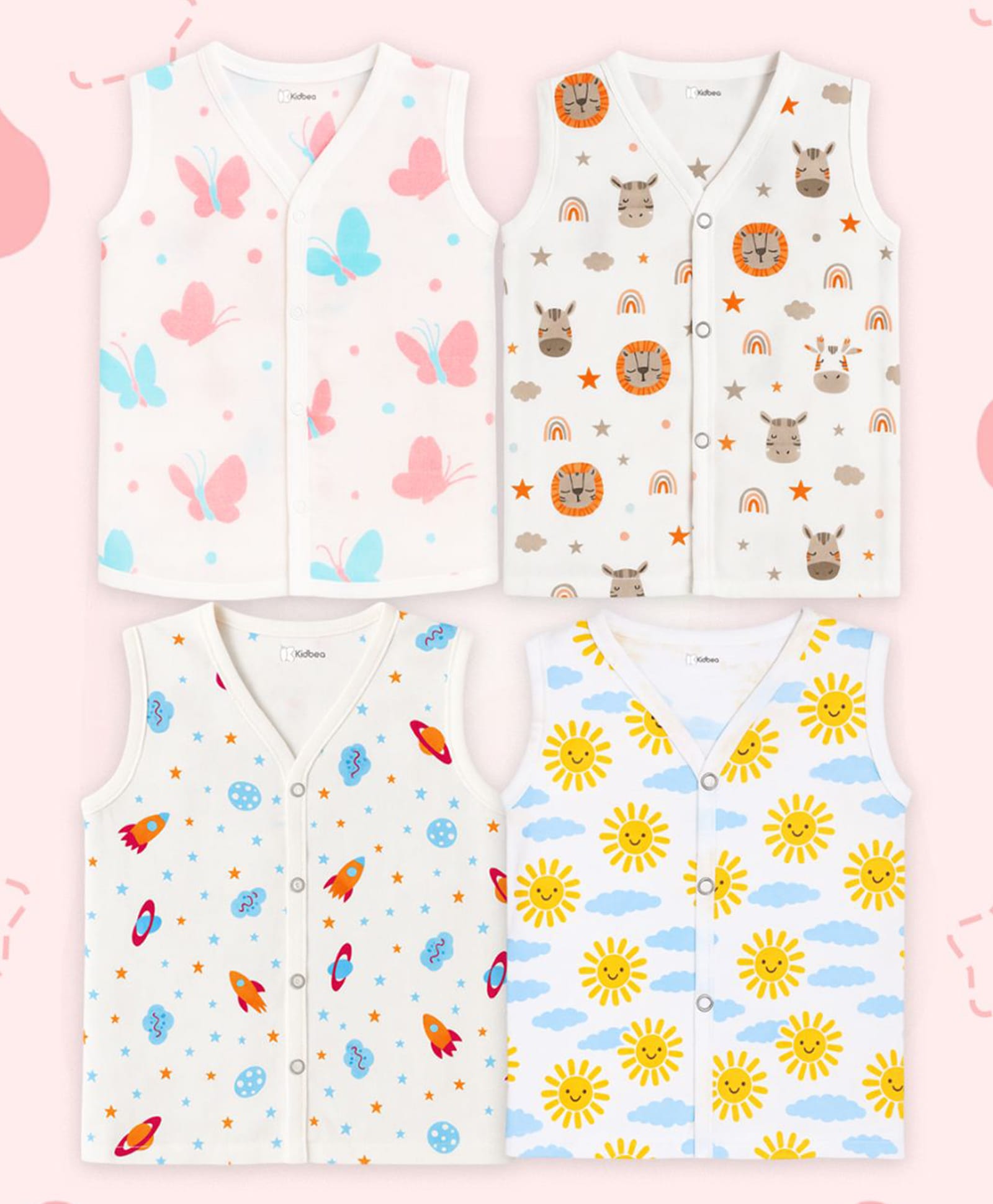 Kidbea Muslin Woven Pack Of 4 Sleeveless Animal Space Theme & Butterfly Printed Jhablas - White-picture-22