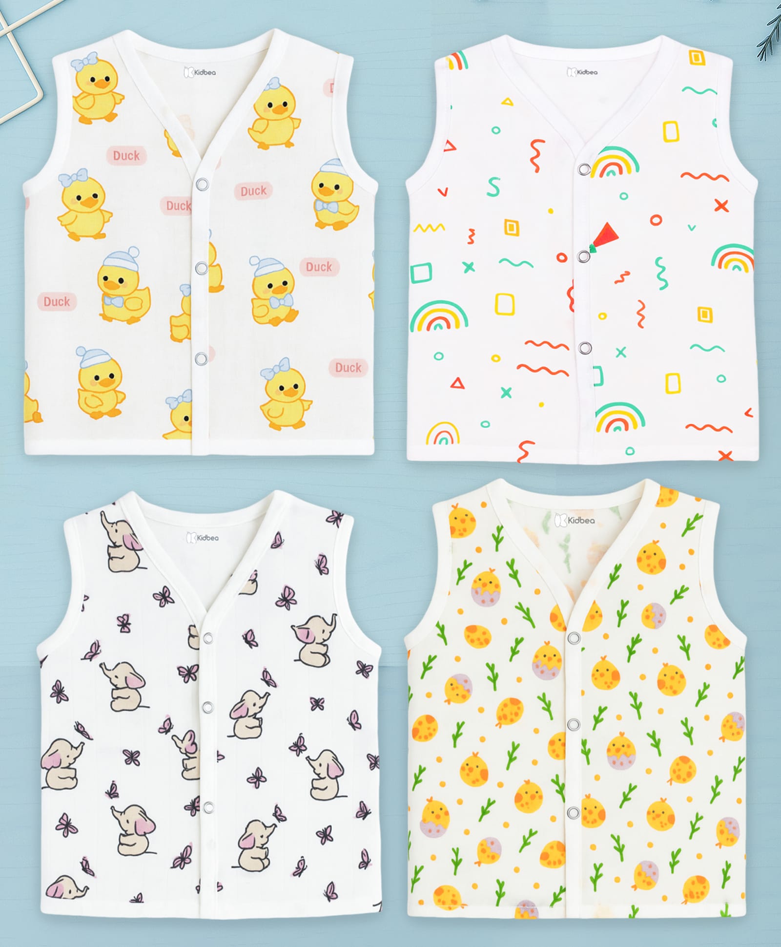 Kidbea Muslin Woven Pack Of 4 Sleeveless Duck Abstract & Elephant Printed Jhablas - White-image-10