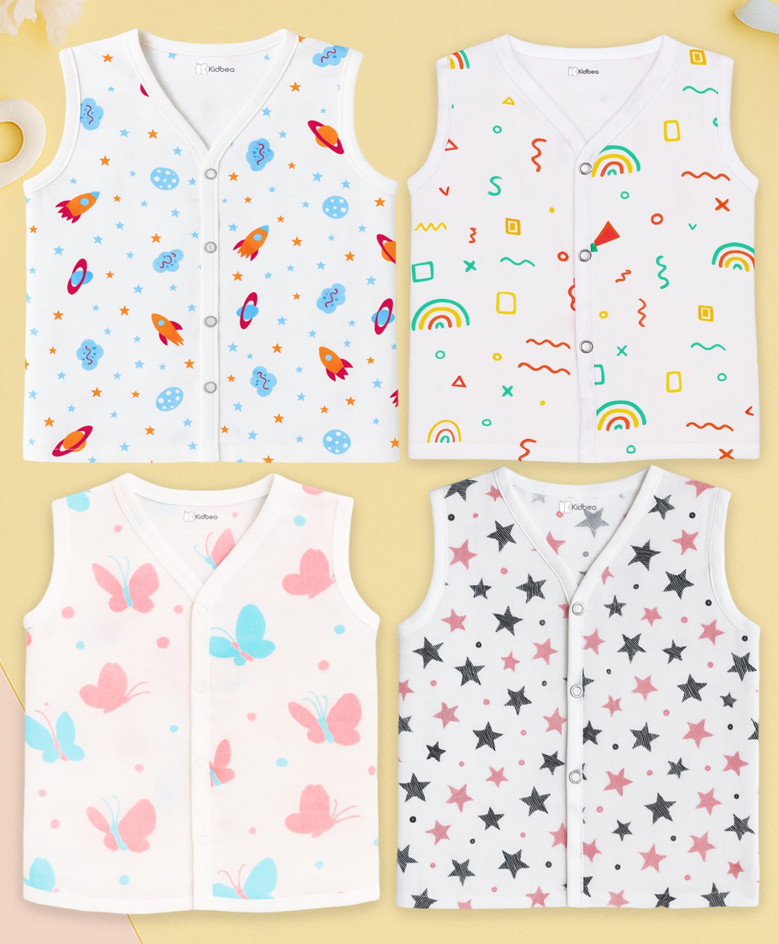 Kidbea Muslin Woven Pack Of 4 Sleeveless Space Theme Butterfly & Rainbow Printed Jhablas - White-image-44