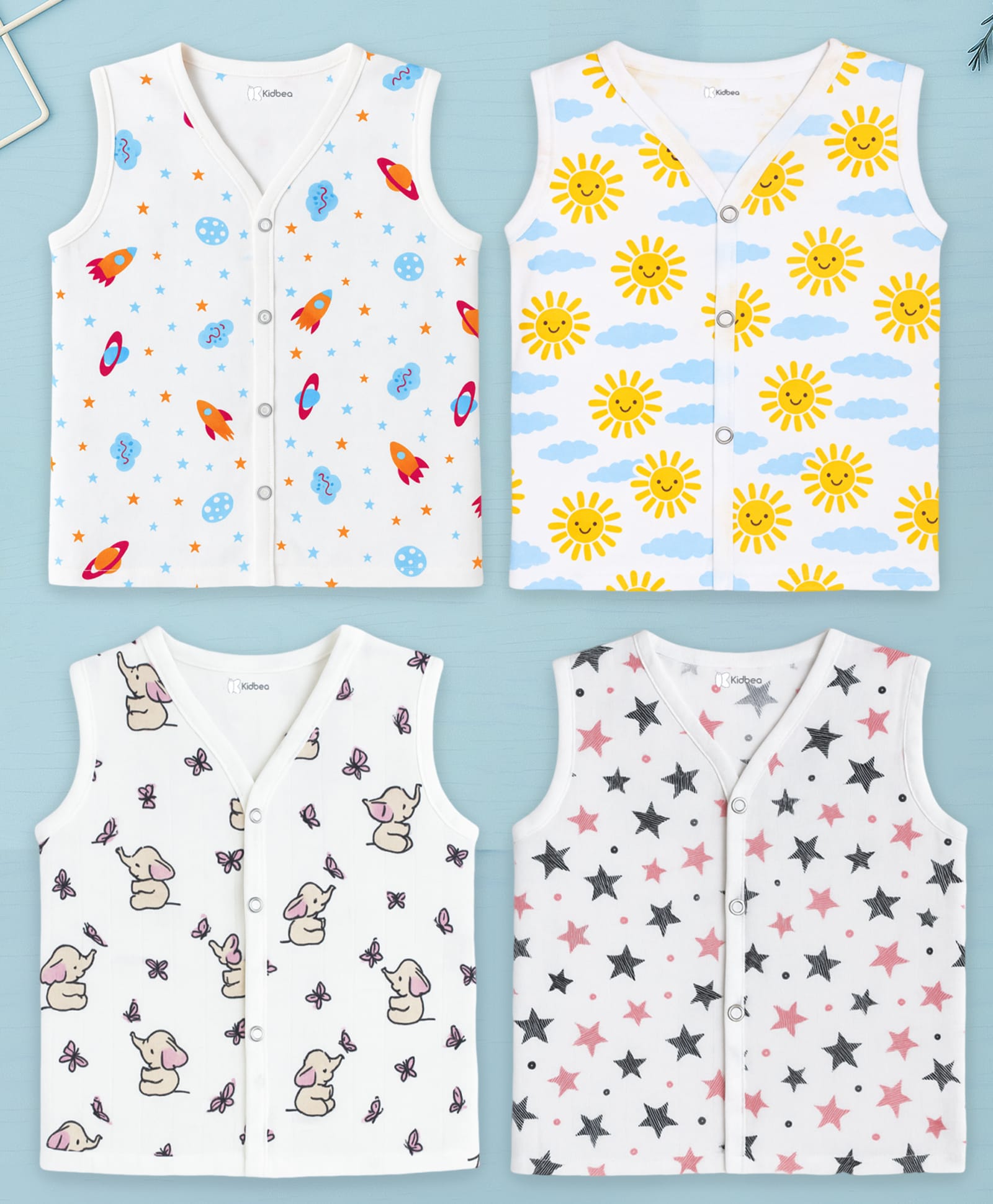 Kidbea Muslin Woven Pack Of 4 Sleeveless Space Theme & Animals Printed Jhablas - White-image-45