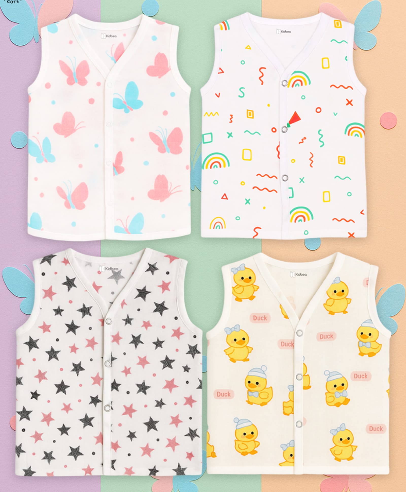 Kidbea Muslin Woven Pack Of 4 Sleeveless Stars Butterfly & Rainbow Printed Jhablas - White-image-43