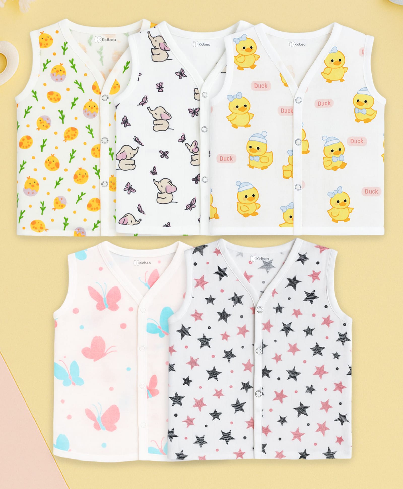 Kidbea Muslin Woven Pack Of 5 Sleeveless Stars Butterfly & Animals Printed Jhablas - White-image-39