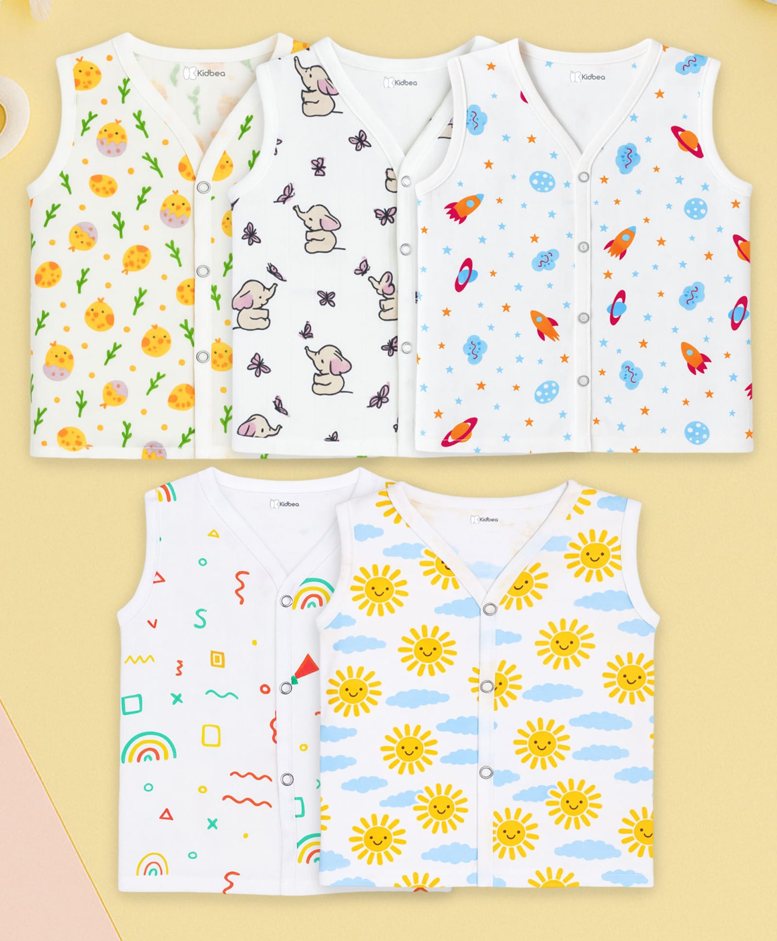 Kidbea Muslin Woven Pack Of 5 Sleeveless Space Theme Rainbow & Animals Printed Jhablas - White-image-35
