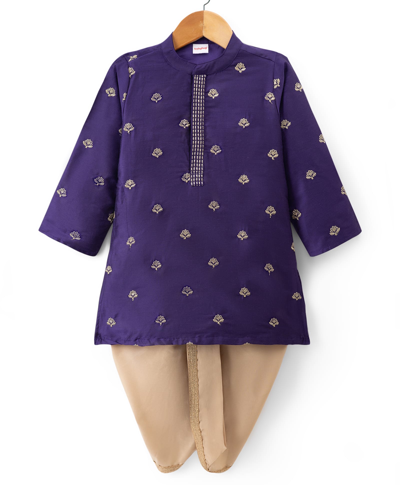 Babyhug Cotton Blend Woven Full Sleeves Kurta Dhoti Set with Floral Embroidery - Purple-image-12