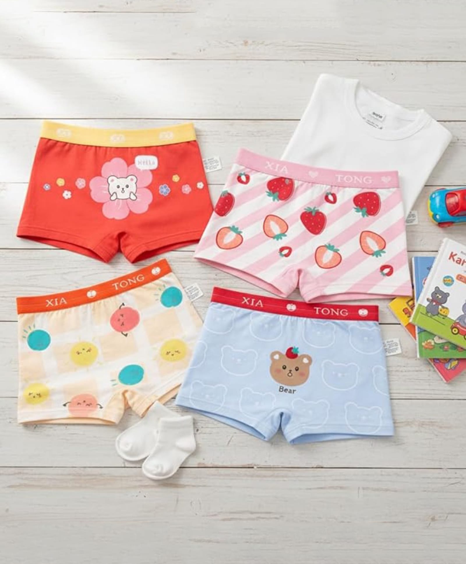 The little lookers Cotton Knit Pack Of 4 Strawberry Floral & Bear Printed Boyshorts - Multi Colour-picture-28
