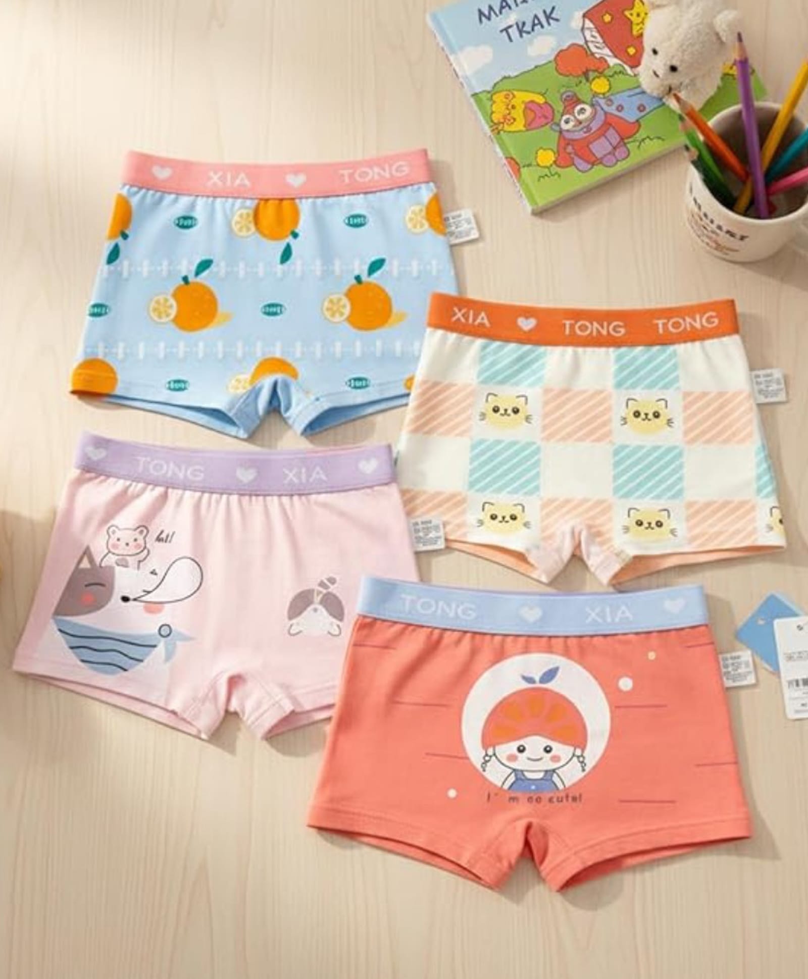 The little lookers Cotton Knit Pack Of 4 Strawberry Orange & Cats Printed Boxers - Multi Colour-image-11