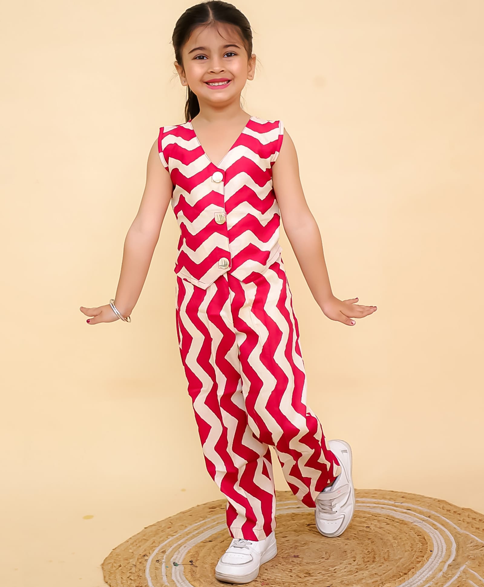 Titrit Cotton Woven Sleeveless Chevron Printed Coordinating Top & Pant Set - Beige-picture-24