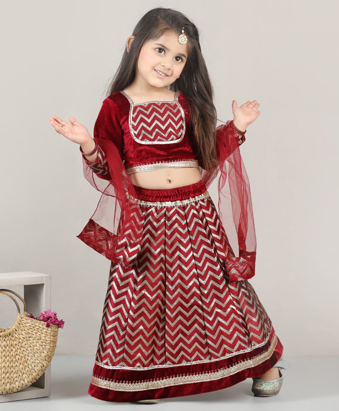 Titrit Velvet Woven Full Sleeves Chevron Printed Lace Embellished Lehenga Choli Set With Dupatta - Maroon-picture-37