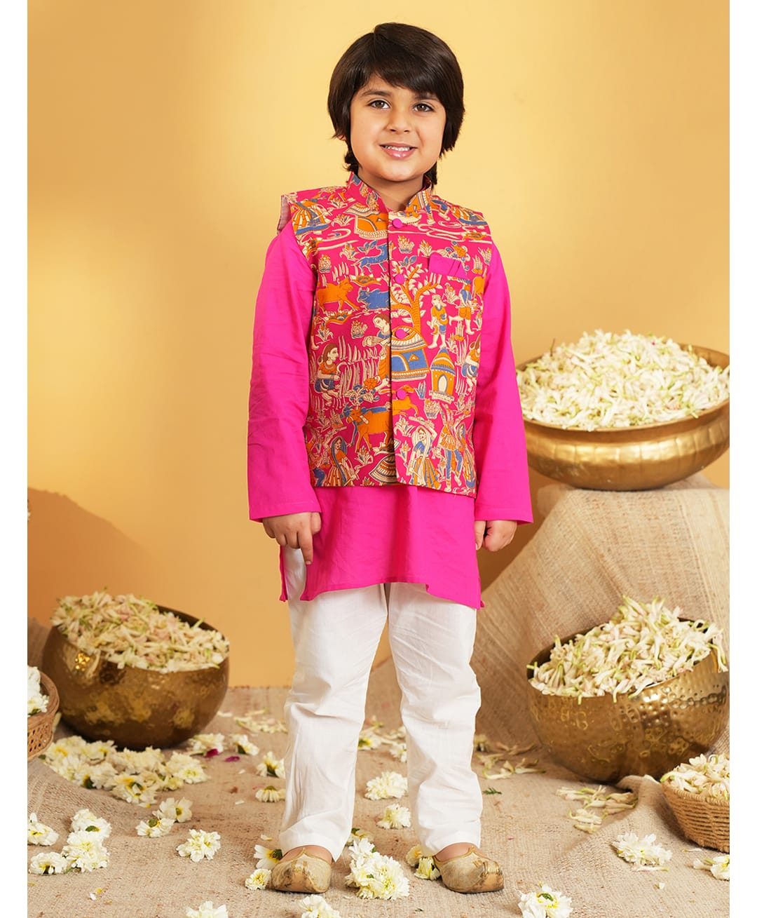 AJ Dezines Cotton Woven Full Sleeves Solid Kurta & Pyjama With Village Theme Printed Jacket Set - Pink-picture-33