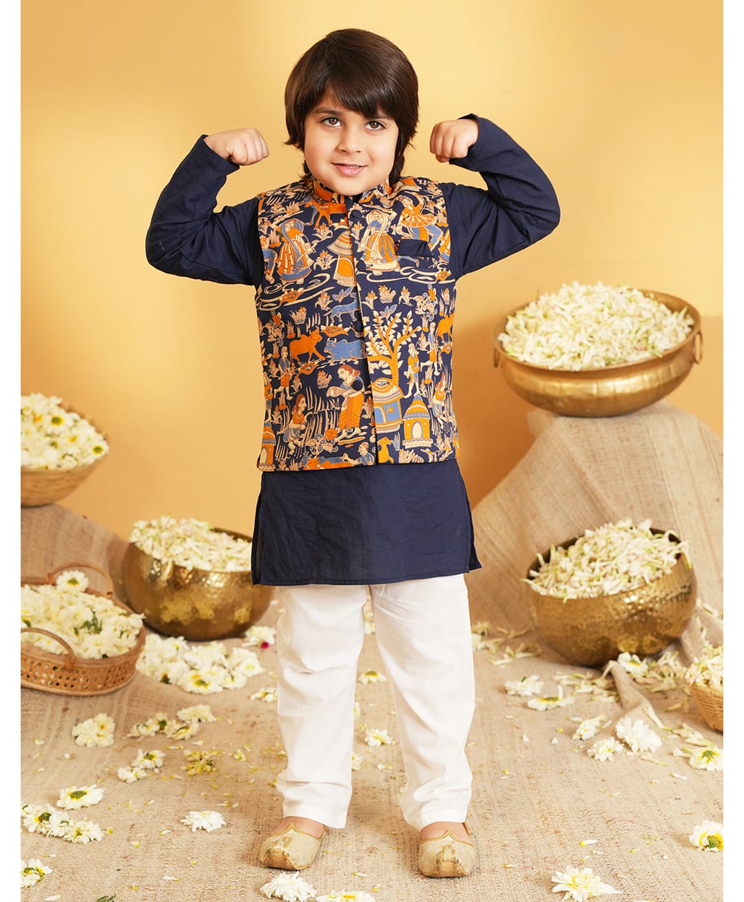 AJ Dezines Cotton Woven Full Sleeves Solid Kurta & Pyjama With Village Theme Printed Jacket Set - Navy Blue-picture-39