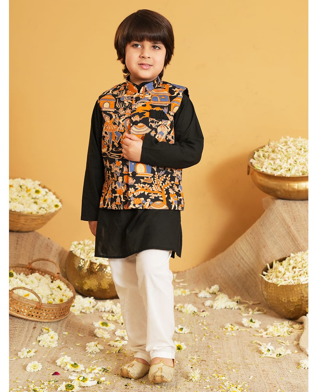 AJ Dezines Cotton Woven Full Sleeves Solid Kurta & Pyjama With Village Theme Printed Jacket Set - Black-picture-28