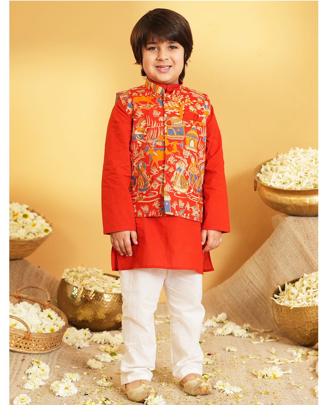 AJ Dezines Cotton Woven Full Sleeves Solid Kurta & Pyjama With Village Theme Printed Jacket Set - Red-picture-36