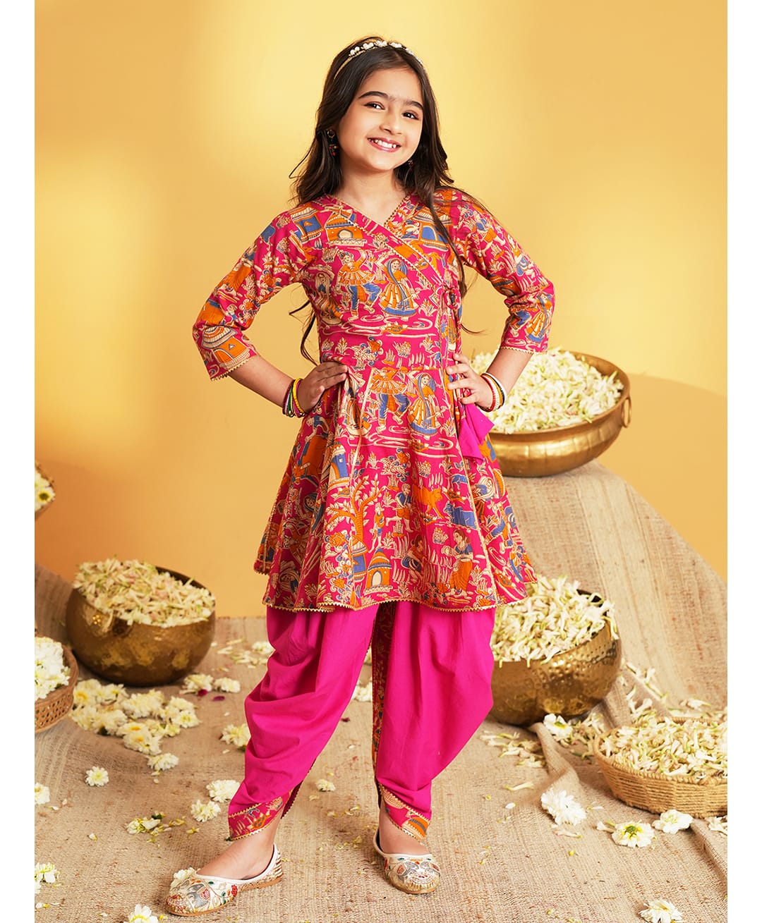 AJ Dezines Cotton Woven Three Fourth Sleeves Village Theme Printed Kurti & Dhoti Set - Pink-picture-4