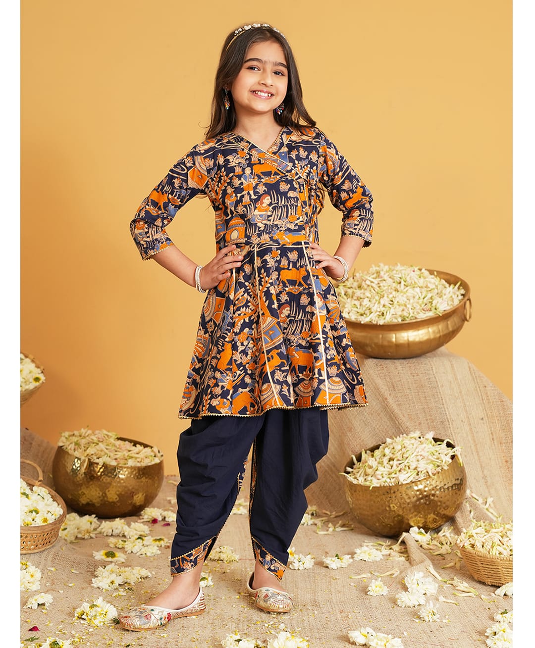 AJ Dezines Cotton Woven Three Fourth Sleeves Village Theme Printed Kurti & Dhoti Set - Navy Blue-picture-28