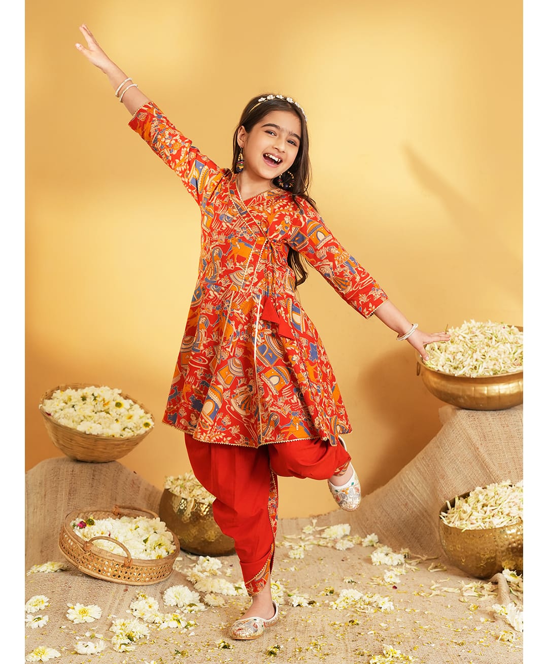 AJ Dezines Cotton Woven Three Fourth Sleeves Village Theme Printed Kurti & Dhoti Set - Red-picture-16