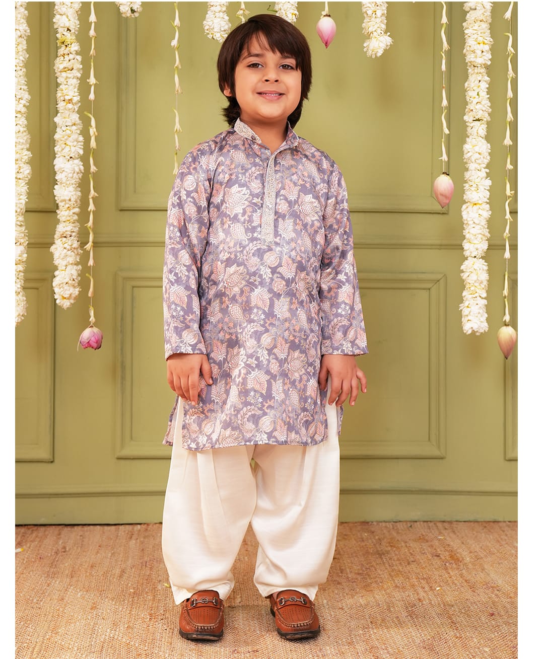 AJ Dezines Cotton Blend Woven Full Sleeves Floral Printed Kurta & Pyjama Set - Grey & Peach-picture-21