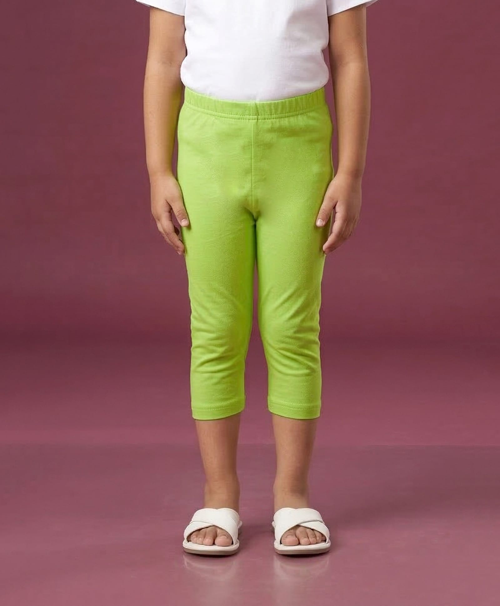 Kiddopanti Cotton Spandex Knit Solid Capri Leggings - Neon Green-picture-22