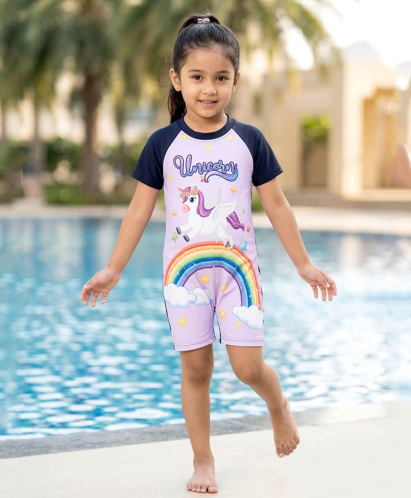 Kiddopanti Half Raglan Sleeves Unicorn & Rainbow Printed Swimsuit - Lavender & Navy Blue-picture-41