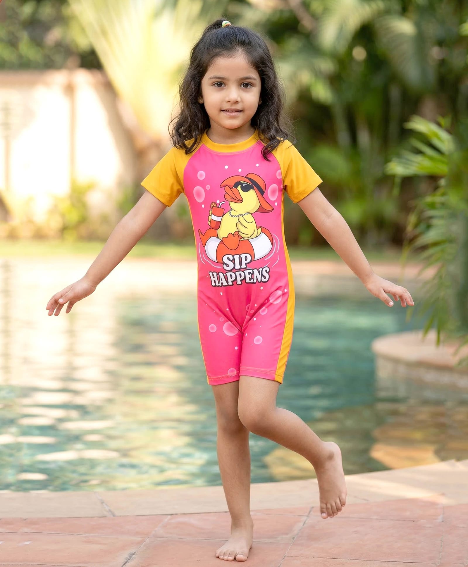 Kiddopanti Half Raglan Sleeves Sip Happens Text & Duck Printed Swimsuit - Pink & Light Orange-image-3