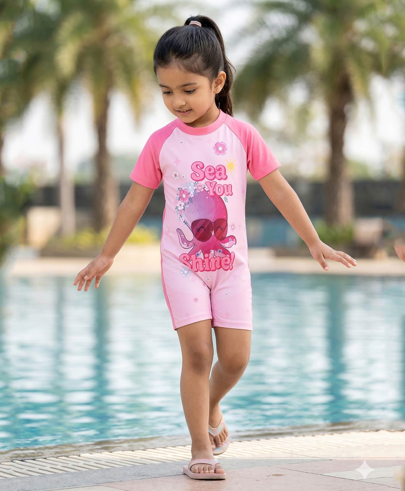 Kiddopanti Half Raglan Sleeves Sea You Shine Text & Octopus Printed Swimsuit - Baby Pink-image-16