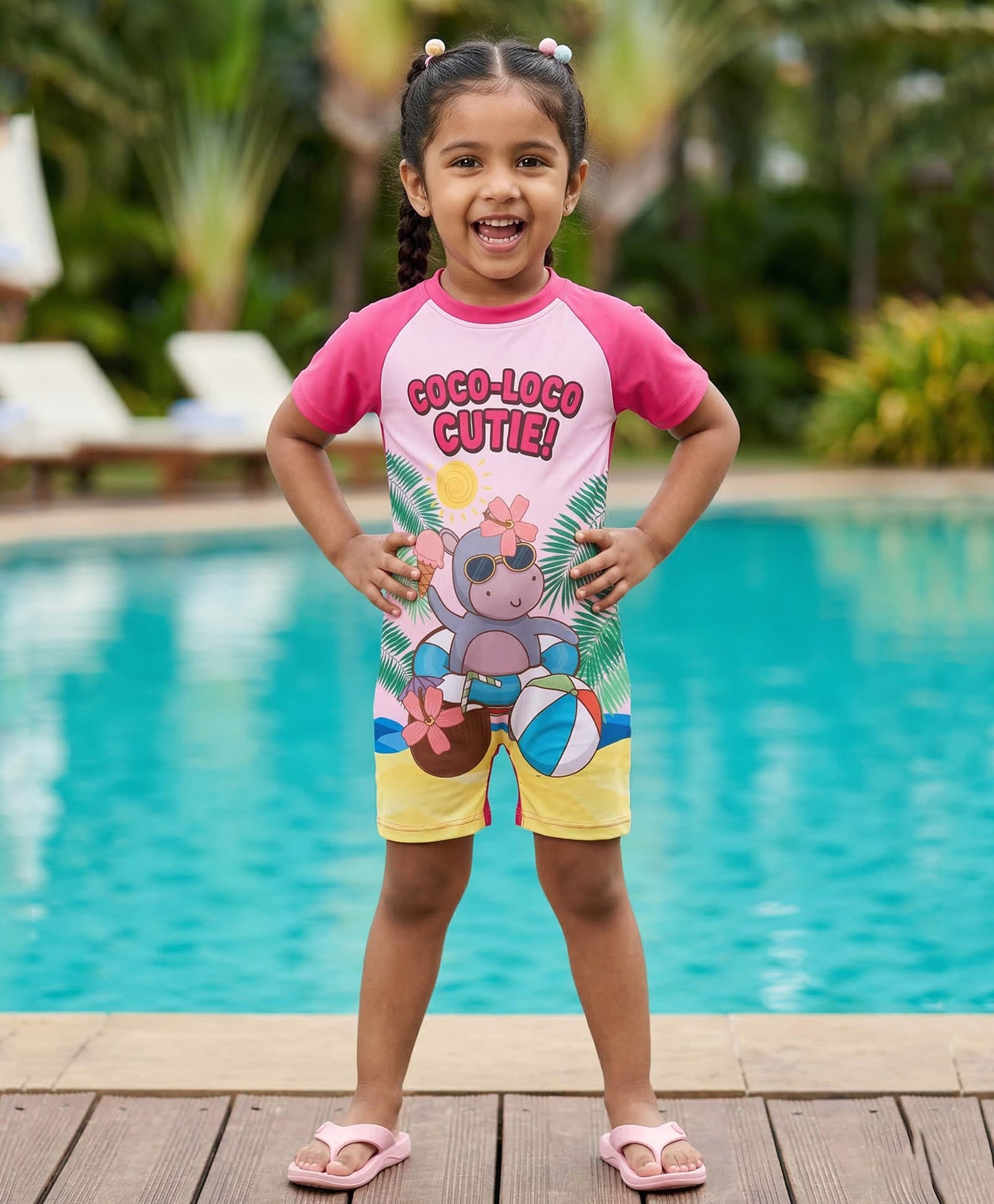 Kiddopanti Half Raglan Sleeves Coco Loco Cutie Text & Animal Printed Swimsuit - Fuchsia Pink & Yellow-image-42