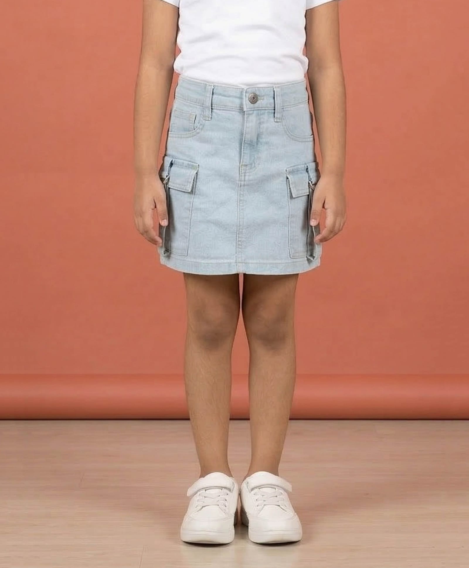 Kiddopanti Denim Woven Cargo Style Washed Skirt - Ice Wash Blue-picture-16
