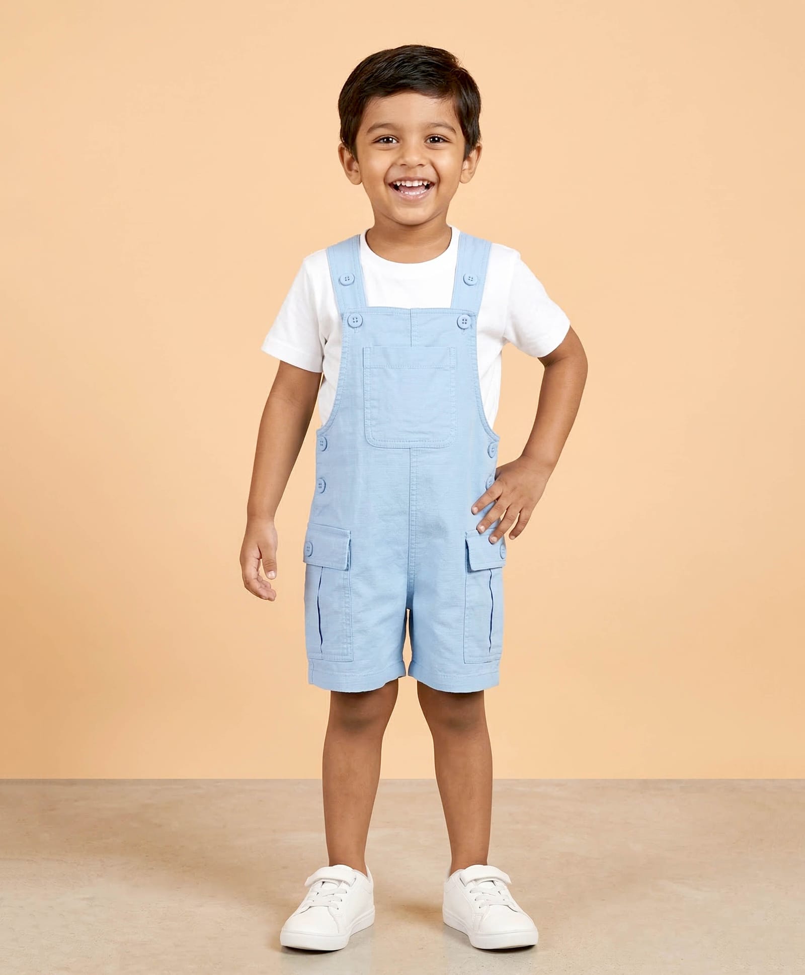 Kiddopanti Cotton Woven Sleeveless Solid Cargo Style Dungaree - Light Blue-picture-13