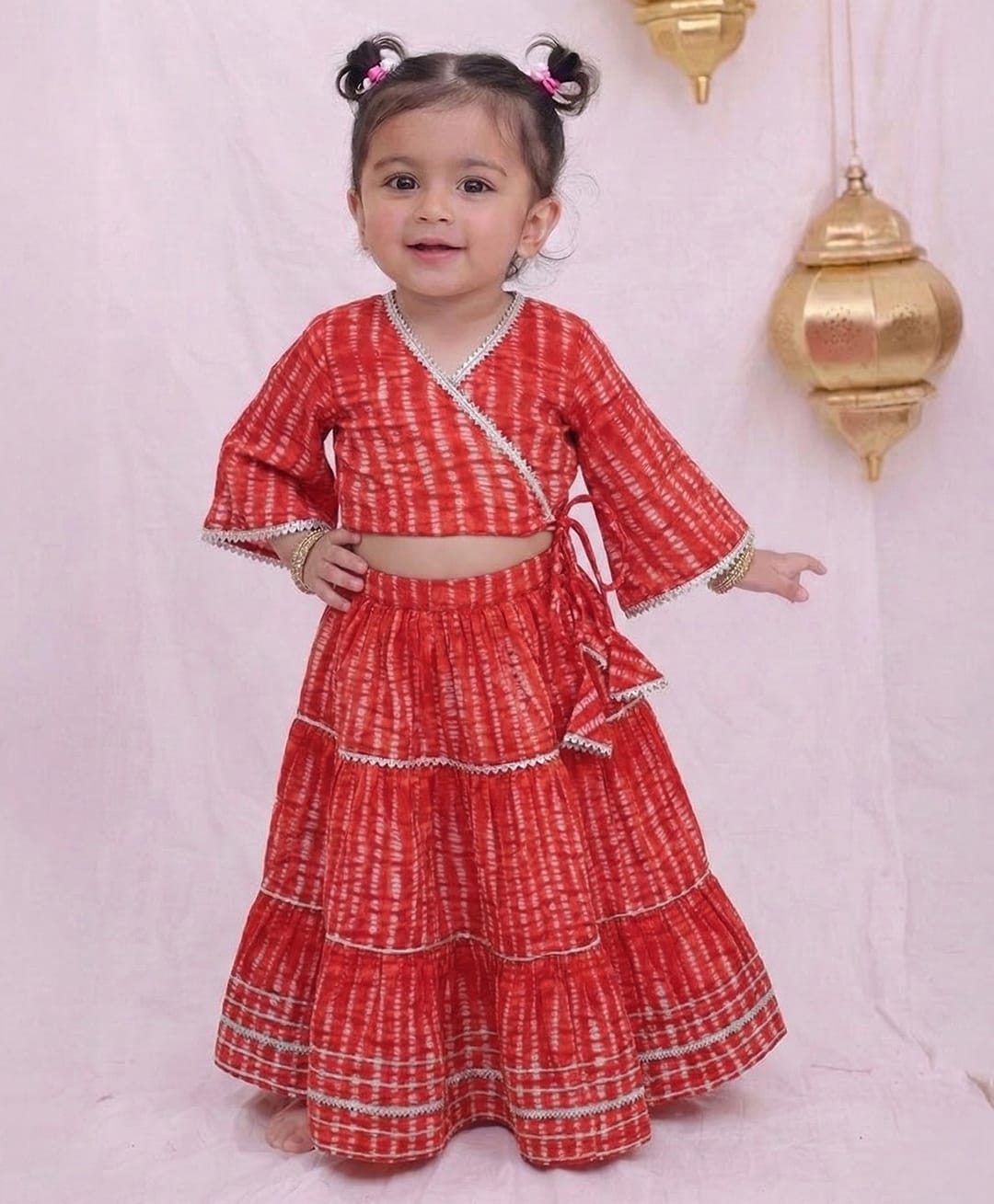 BownBee Pure Cotton Woven Three Fourth Sleeves Tie & Dye Lace Embellished Lehenga & Choli Set - Red-picture-19