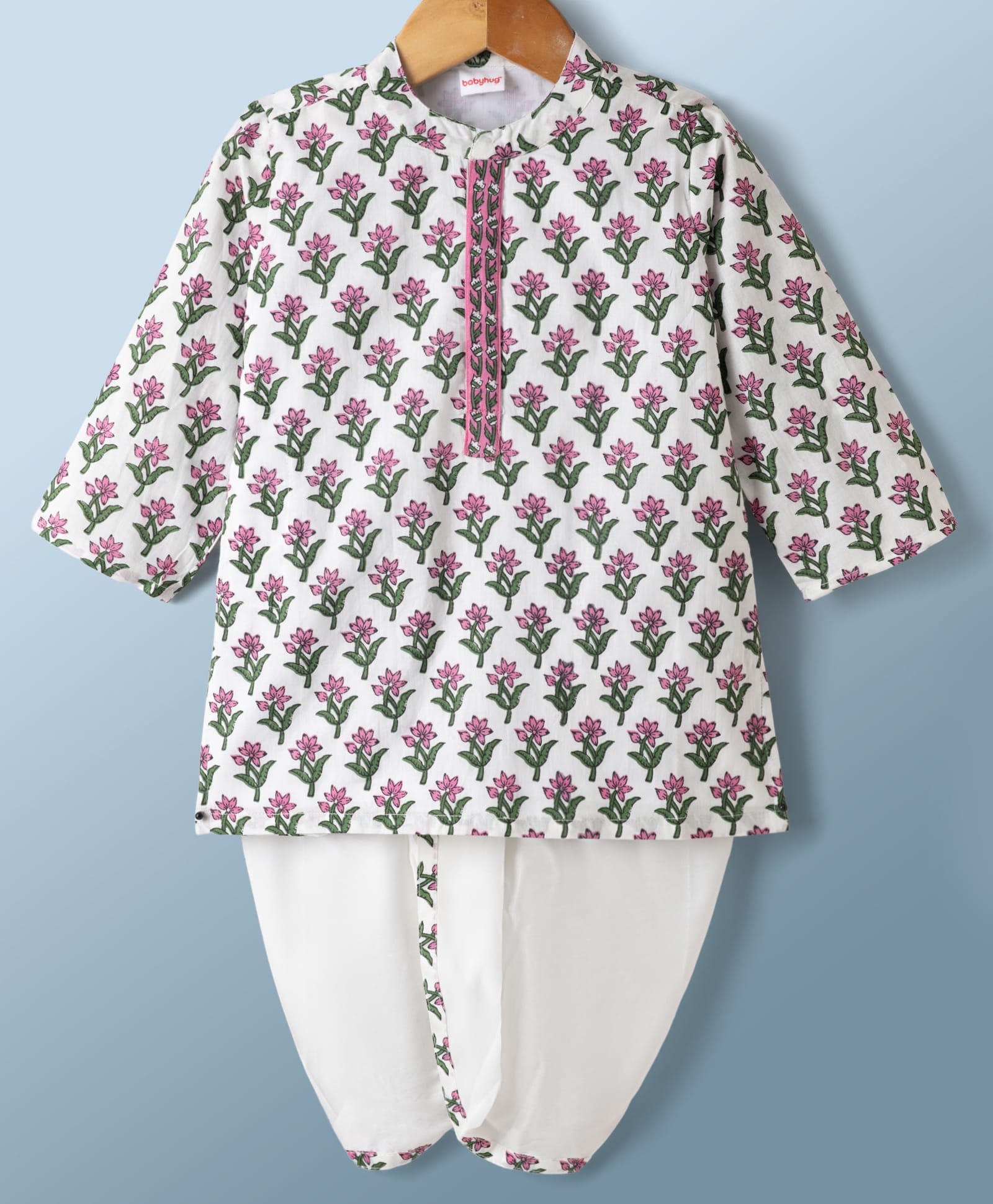 Babyhug Cambric Woven Full Sleeves Floral Printed Kurta & Dhoti Set - White-picture-19