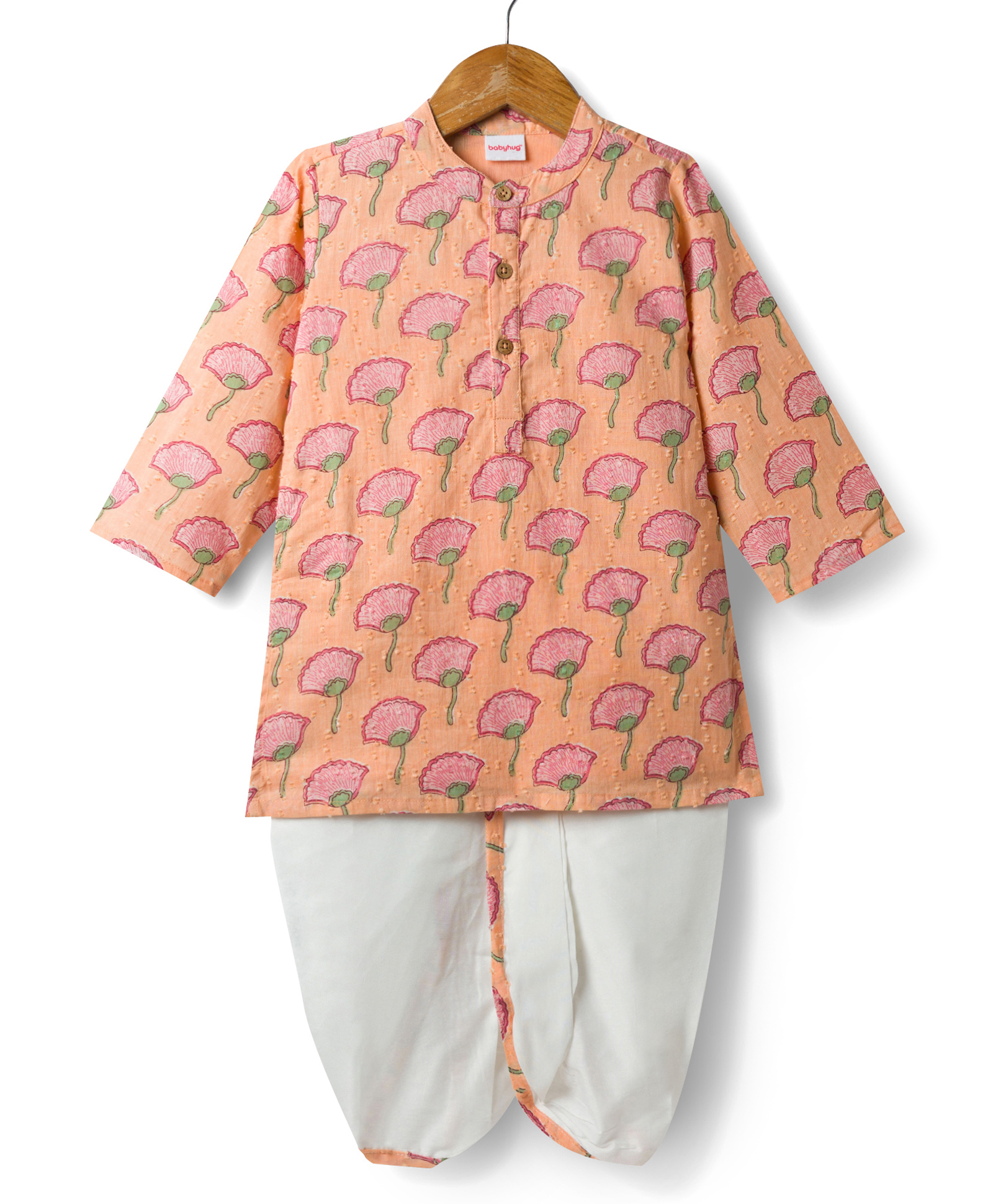 Babyhug 100% Cotton Cambric Woven Full Sleeves Floral Printed Kurta & Dhoti Set - Peach-picture-31