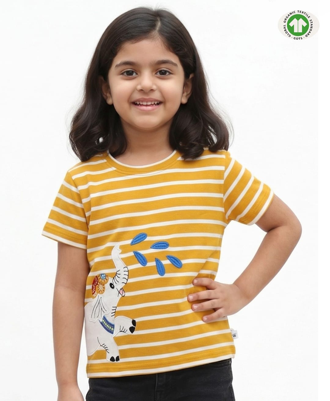 Pranava Organic Cotton Interlock Knit Half Sleeves Striped & Elephant Embroidered Top - Golden-picture-21