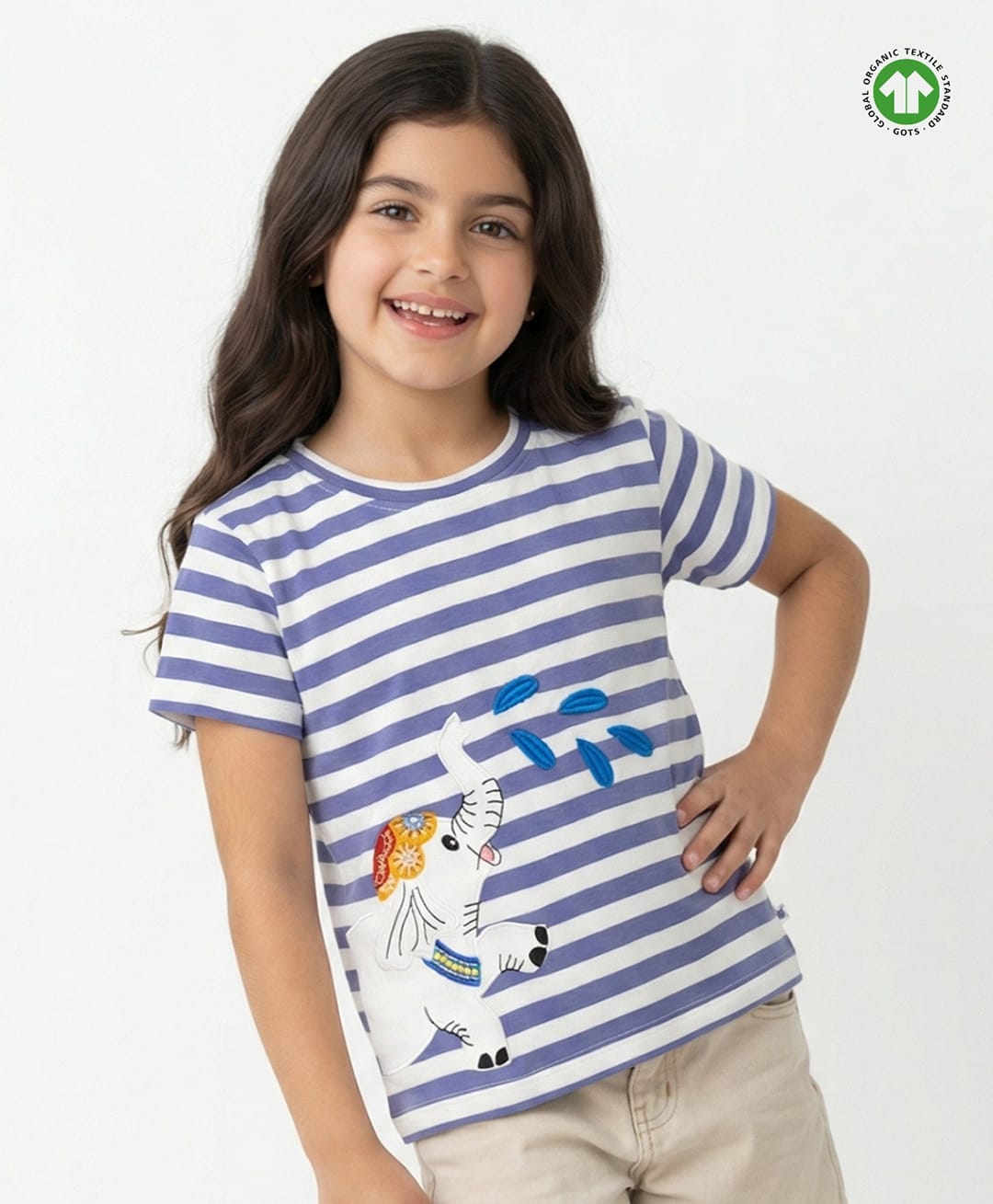 Pranava Organic Cotton Interlock Knit Knit Half Sleeves Striped & Elephant Embroidered Top - Blue-picture-13