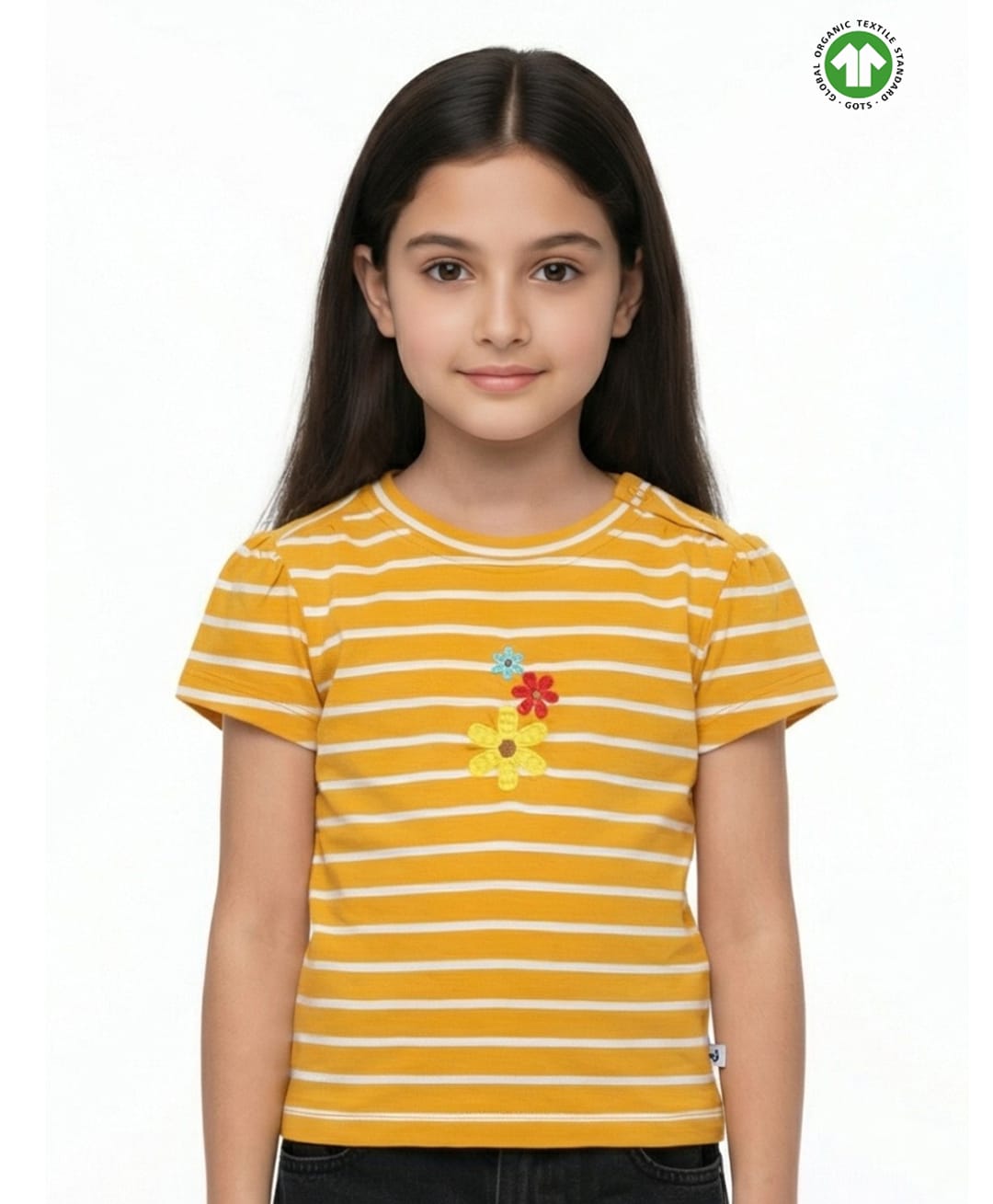 Pranava Organic Cotton Interlock Knit Half Sleeves Striped & Floral Embroidered Top - Yellow-picture-17