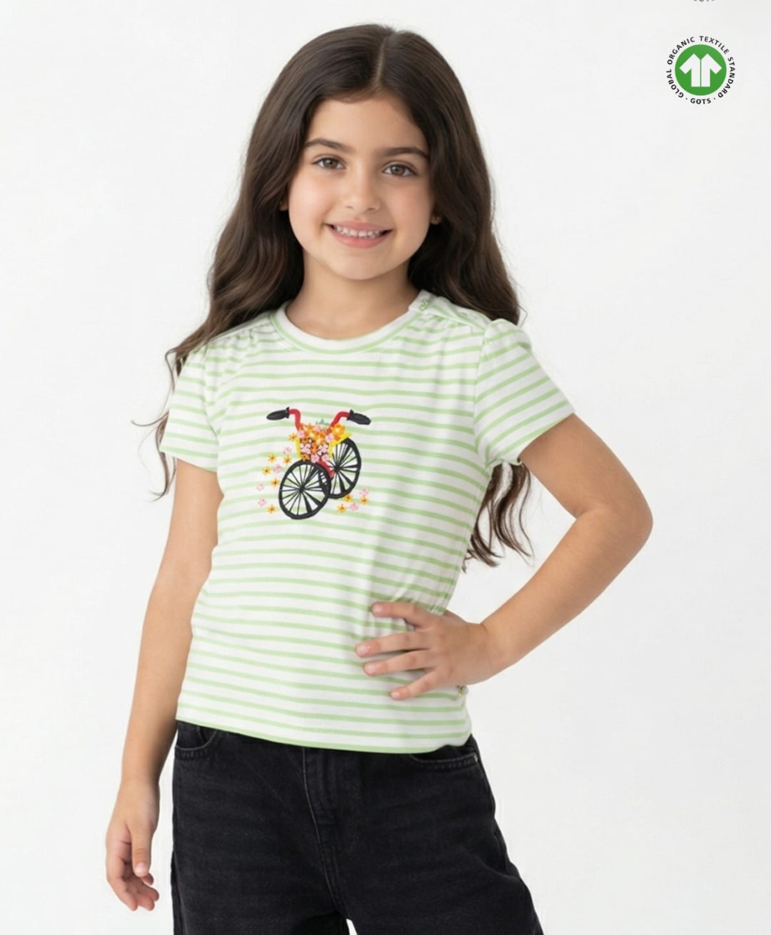Pranava Organic Cotton Interlock Knit Half Sleeves Striped & Bicycle Embroidered Top - Green-picture-35
