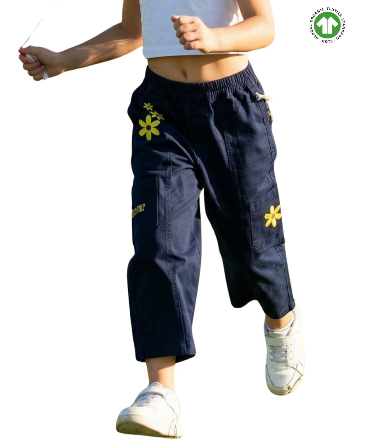 Pranava Organic Cotton Woven Flowers Embroidered Cargo Pants - Navy Blue-image-14