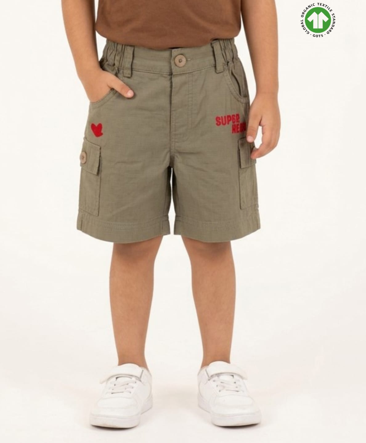 Pranava Organic Cotton Woven Super Hero Text Embroidered Shorts - Brown-image-7