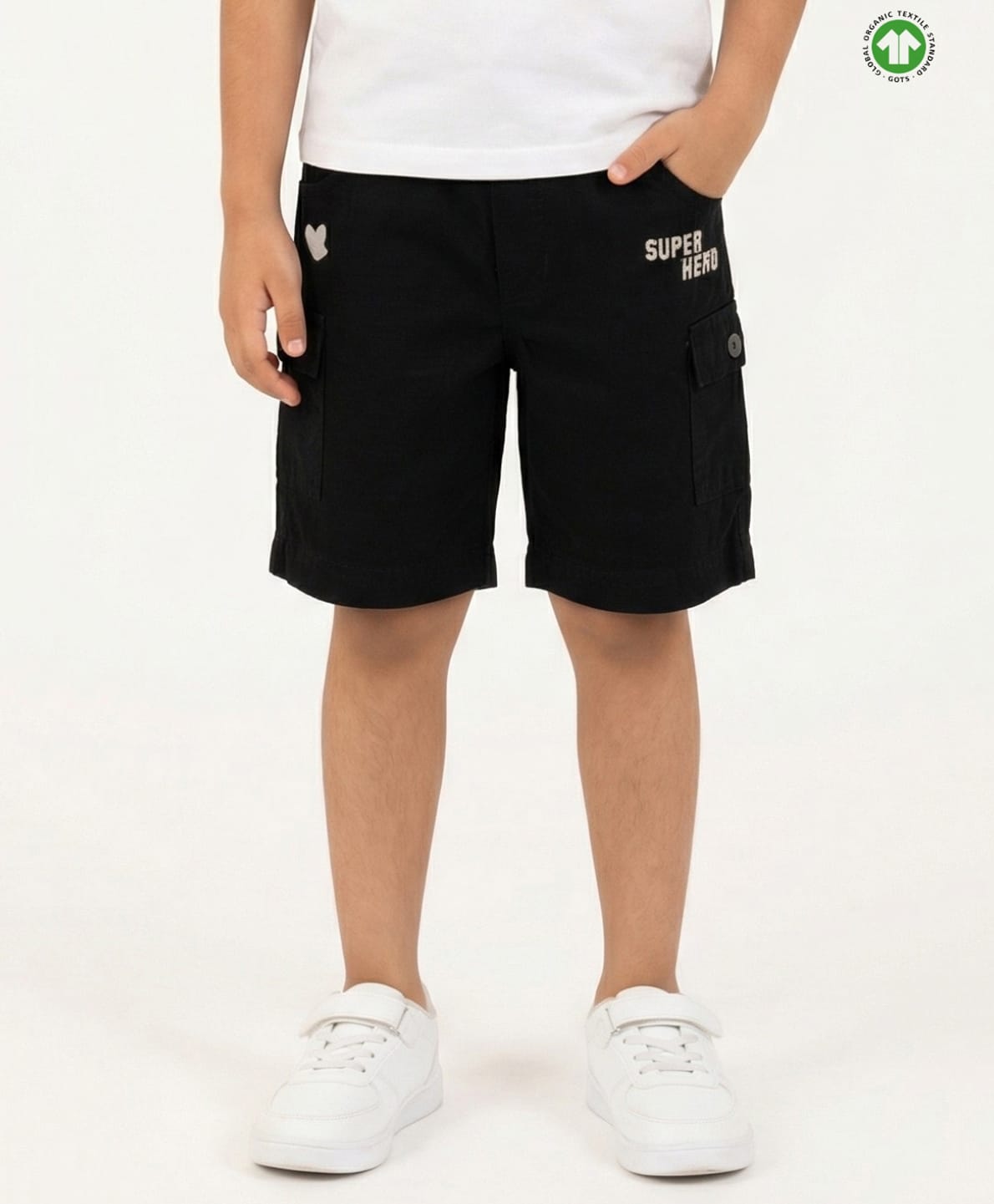 Pranava Organic Cotton Woven Super Hero Text Embroidered Shorts - Black-picture-28