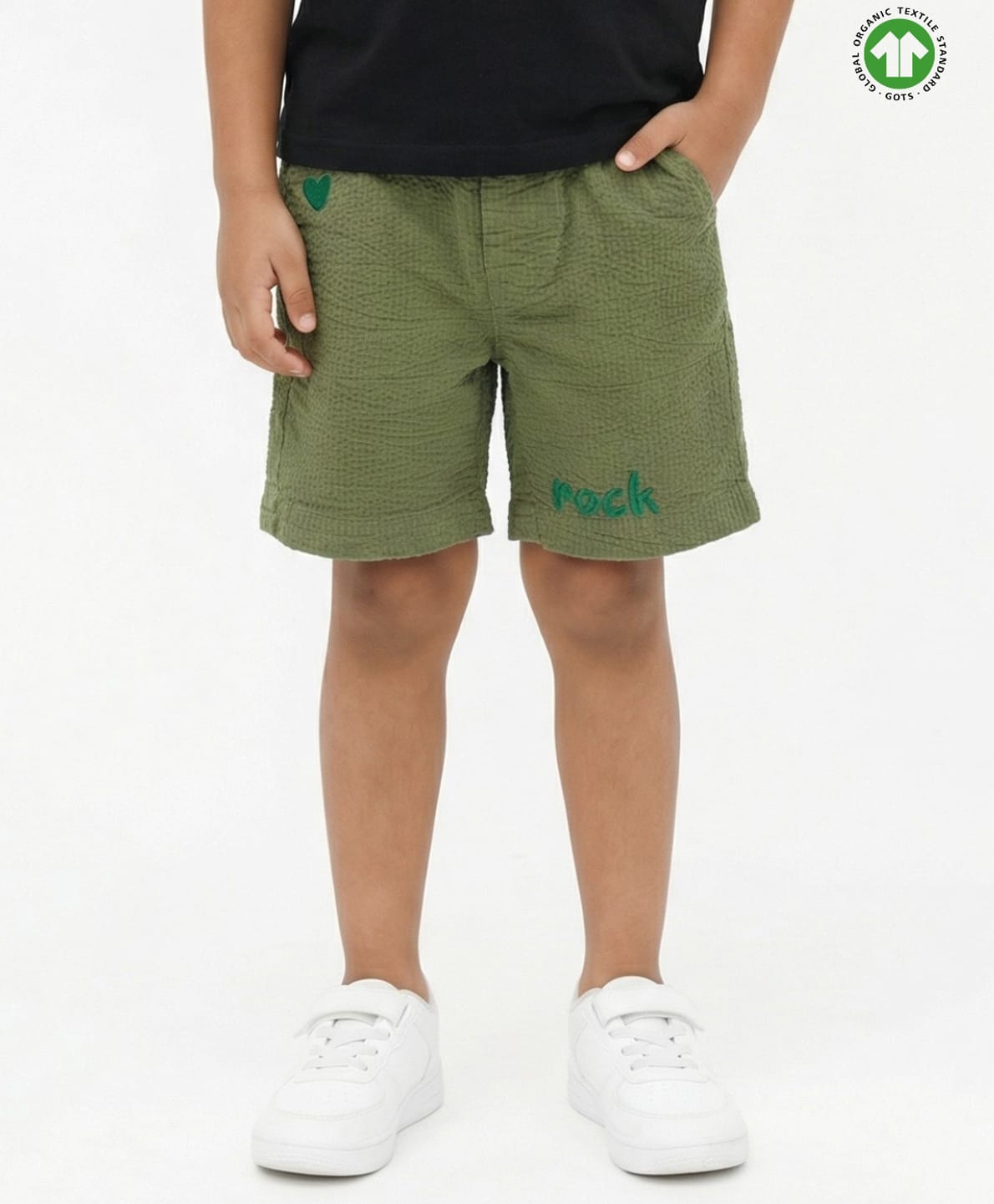 Pranava Organic Cotton Woven Rock Text Embroidered Shorts - Green-picture-23