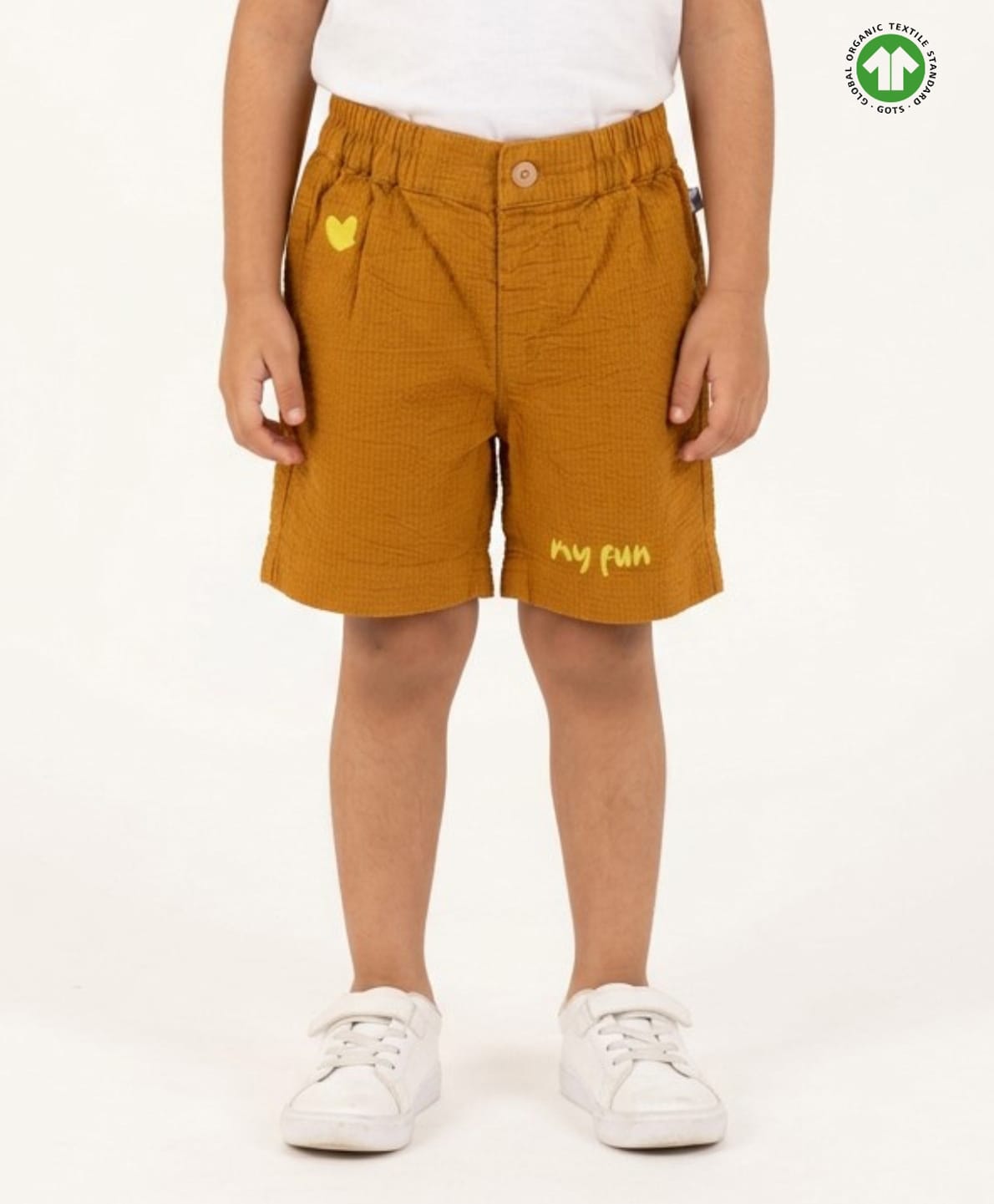 Pranava Organic Cotton Woven My Fun Text Embroidered Shorts - Gold-picture-13