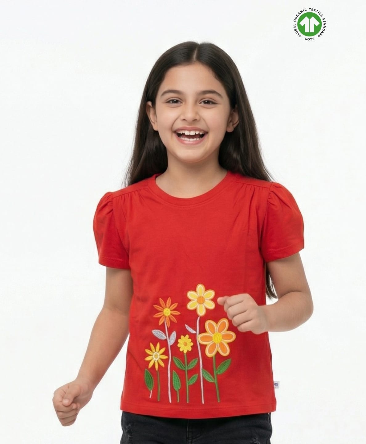 Pranava Organic Cotton Woven Half Puffed Sleeves Floral Embroidered Top - Red-picture-28