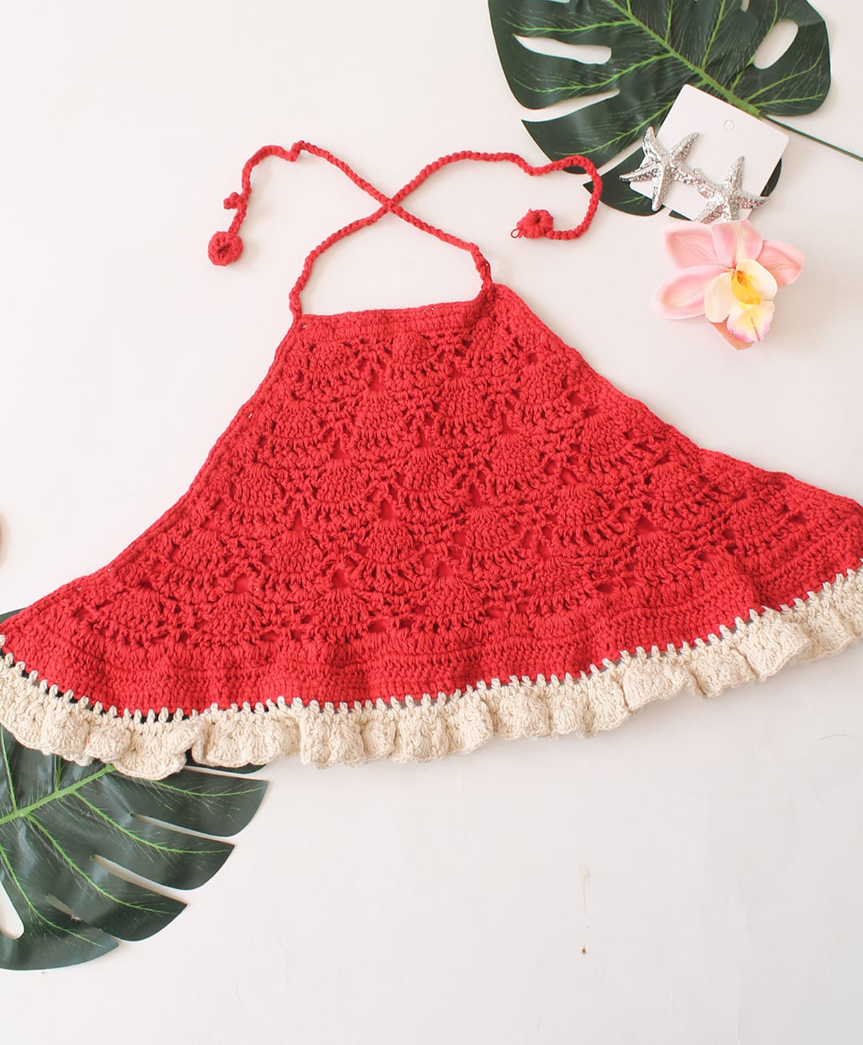 Woonie Cotton Hand Knitted Sleeveless Self Designed Halter Neck Crochet Top - Red-picture-20