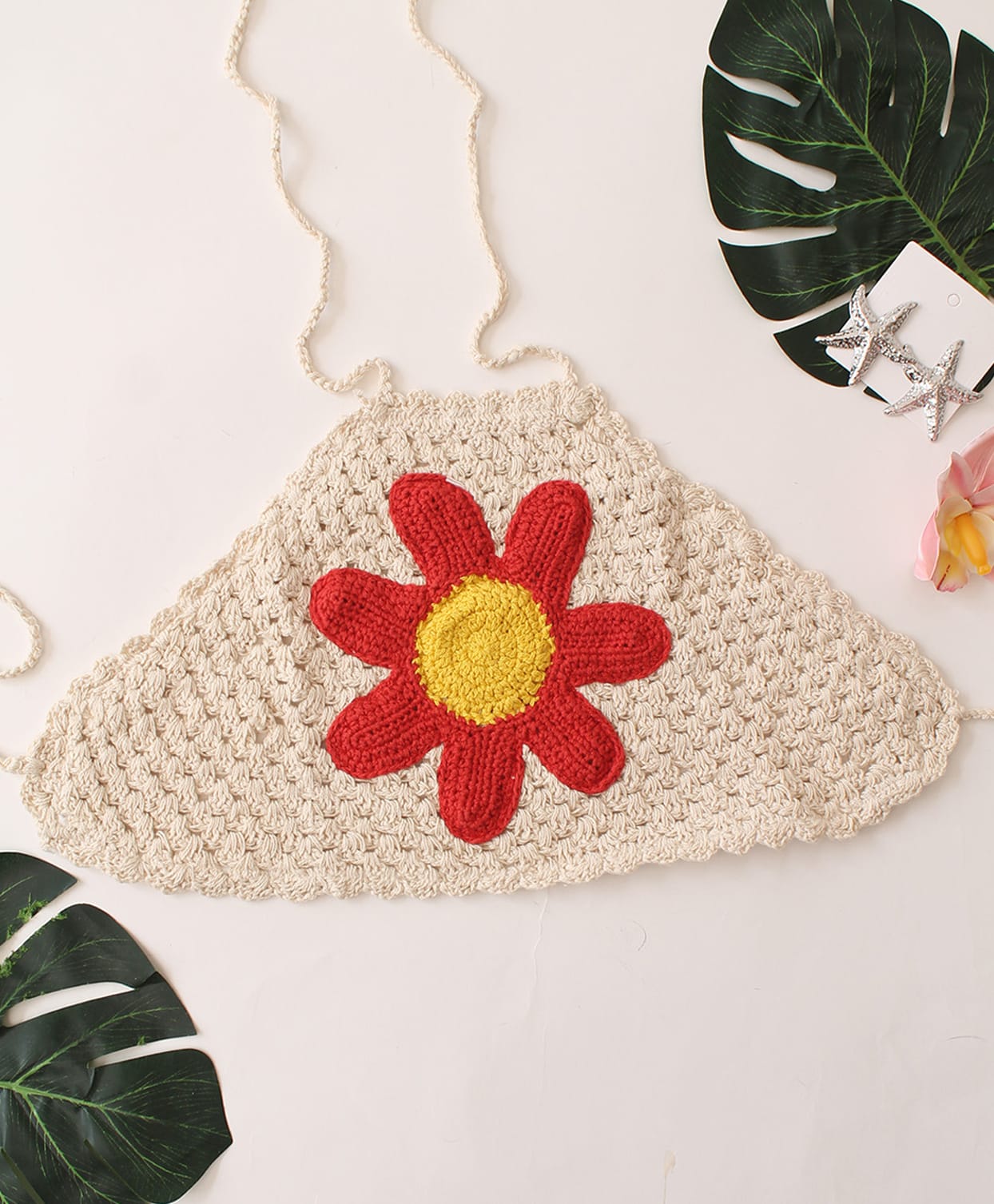Woonie Cotton Hand Knitted Sleeveless Floral Applique Detailed Halter Neck Crochet Top - Off White-image-16